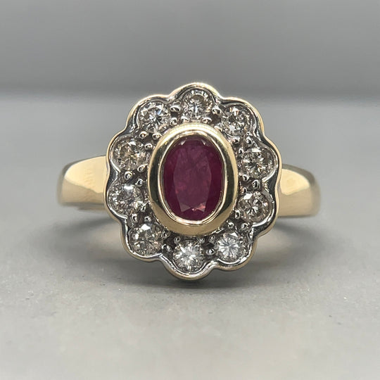 9ct Yellow Gold Ruby and Diamond Ring - Size L