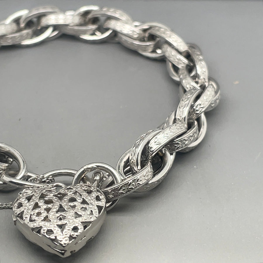 9ct White Gold Heart Padlock Bracelet and Safety Chain