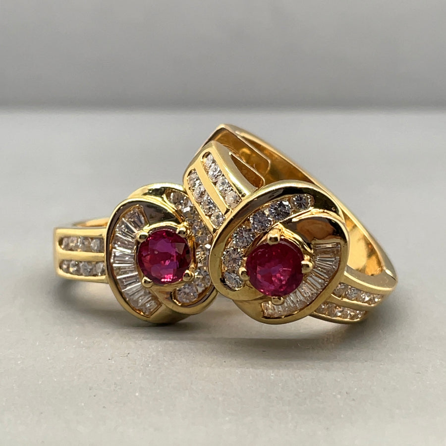 14ct Yellow Gold Ruby and Diamond Hoop Earrings (c. 1.30ct)