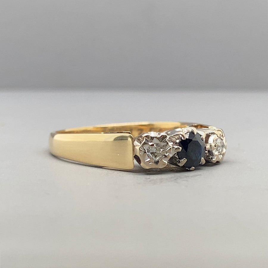 9ct Yellow Gold Diamond and Sapphire Three Stone Ring - Size K 1/2