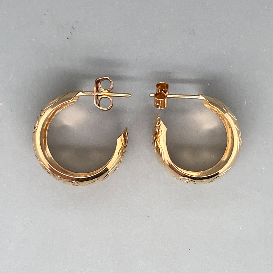 9ct Yellow Gold Patterned Half Hoop Earrings