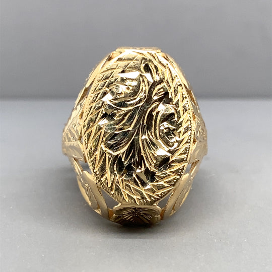 14ct Yellow Gold Patterned Shield Ring - Size S