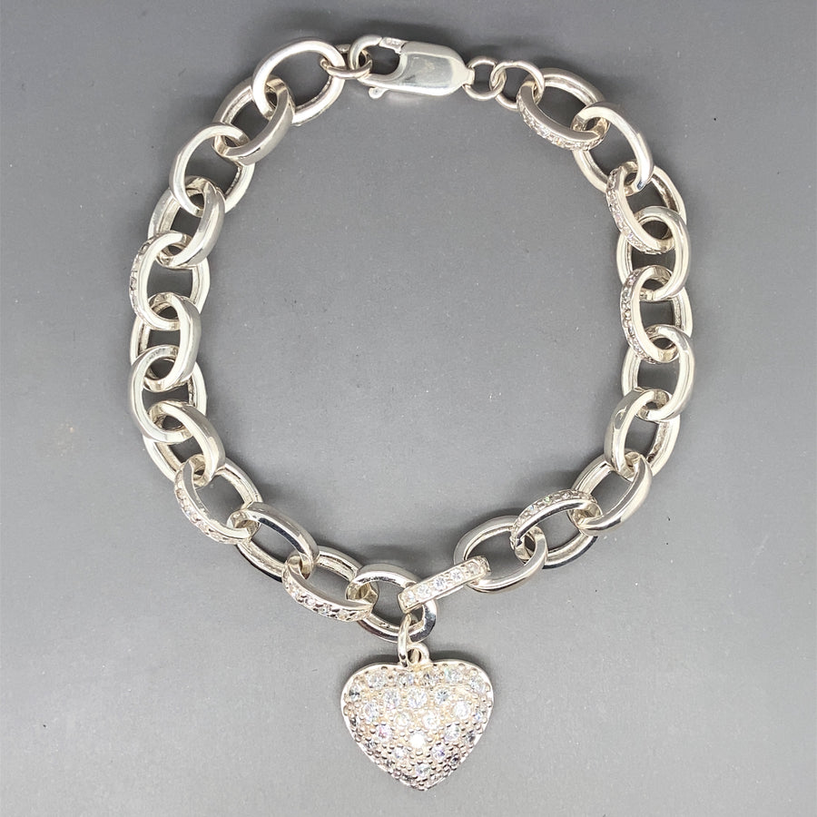 Sterling Silver Cubic Zirconia Heart Charm Bracelet