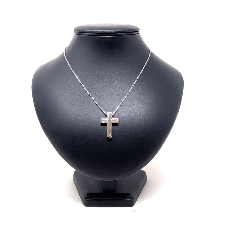 18ct White Gold Double Cross Pendant and Box Chain (19")