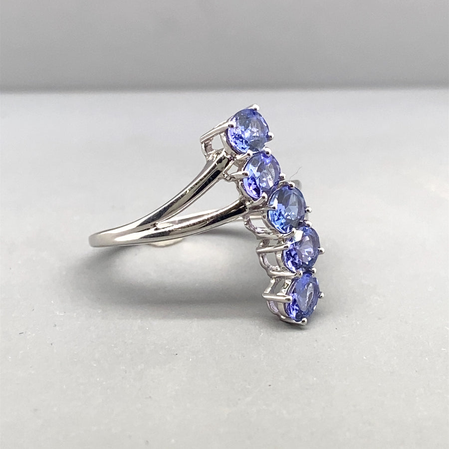 9ct White Gold Five Stone Tanzanite Ring - Size P