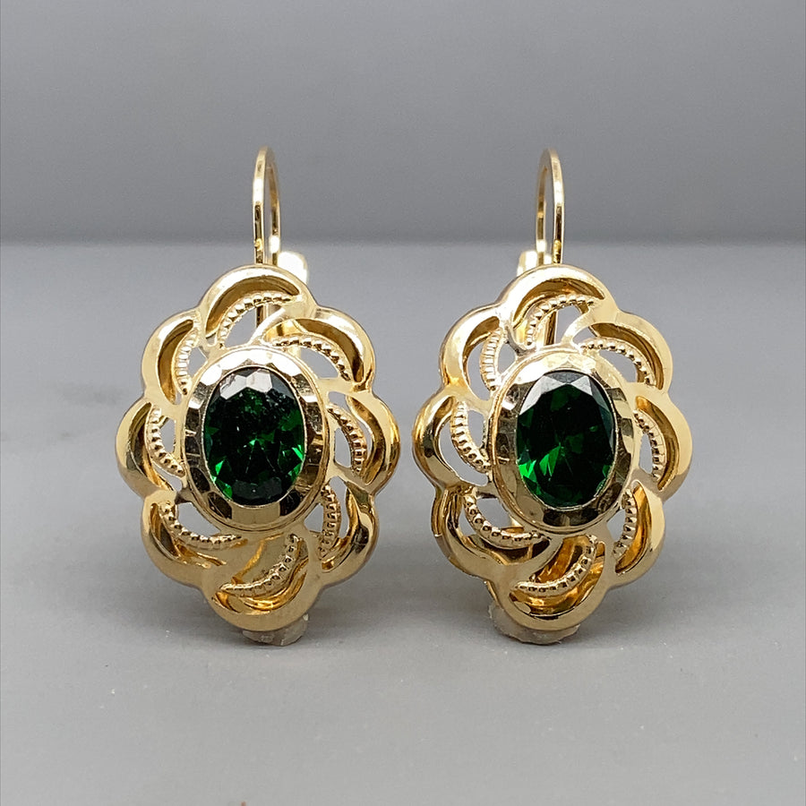 14ct Yellow Gold Green Synthetic Stone Earrings