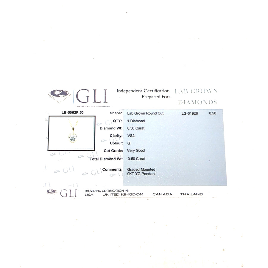 9ct Yellow Gold Single Stone Lab Grown Diamond Pendant and Fine Chain (c. 0.50ct) (18") NEW!