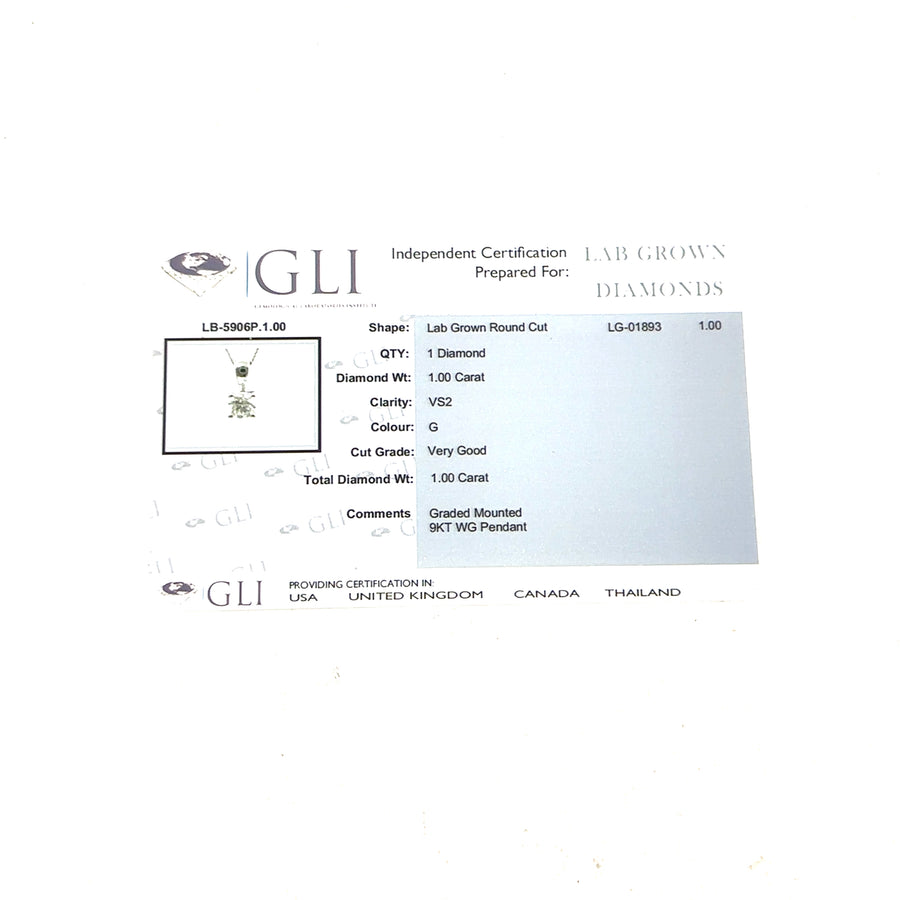9ct White Gold Single Stone Lab Grown Diamond Pendant and Fine Chain (c. 1.00ct) (18”) NEW!