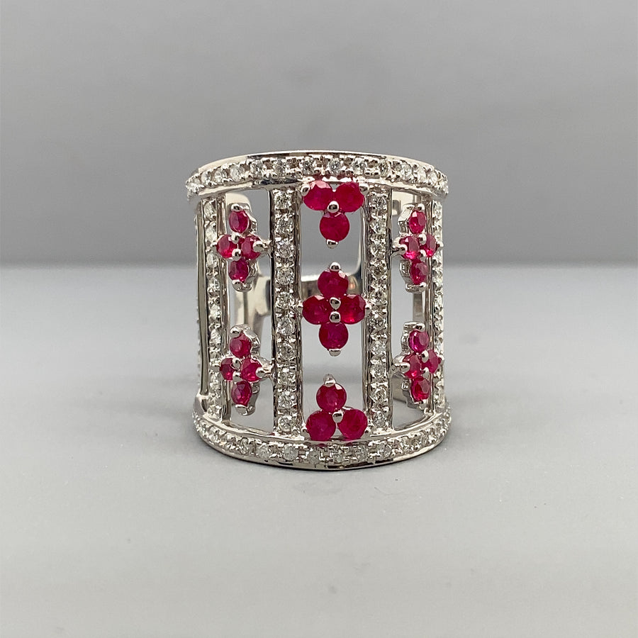 14ct White Gold Ruby and Diamond Caged Ring (c. 0.75ct) - Size N