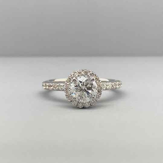 18ct White Gold Diamond Halo Ring and Diamond Shoulders (c. 1.50ct) - Size L
