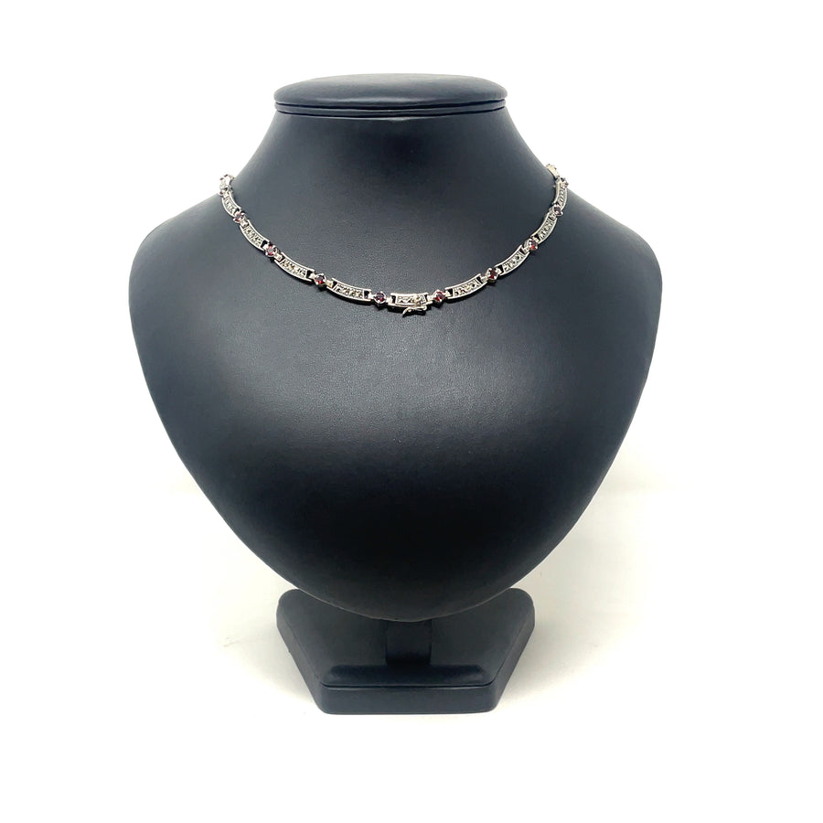 Sterling Silver Marcasite and Synthetic Stone Necklace (17")