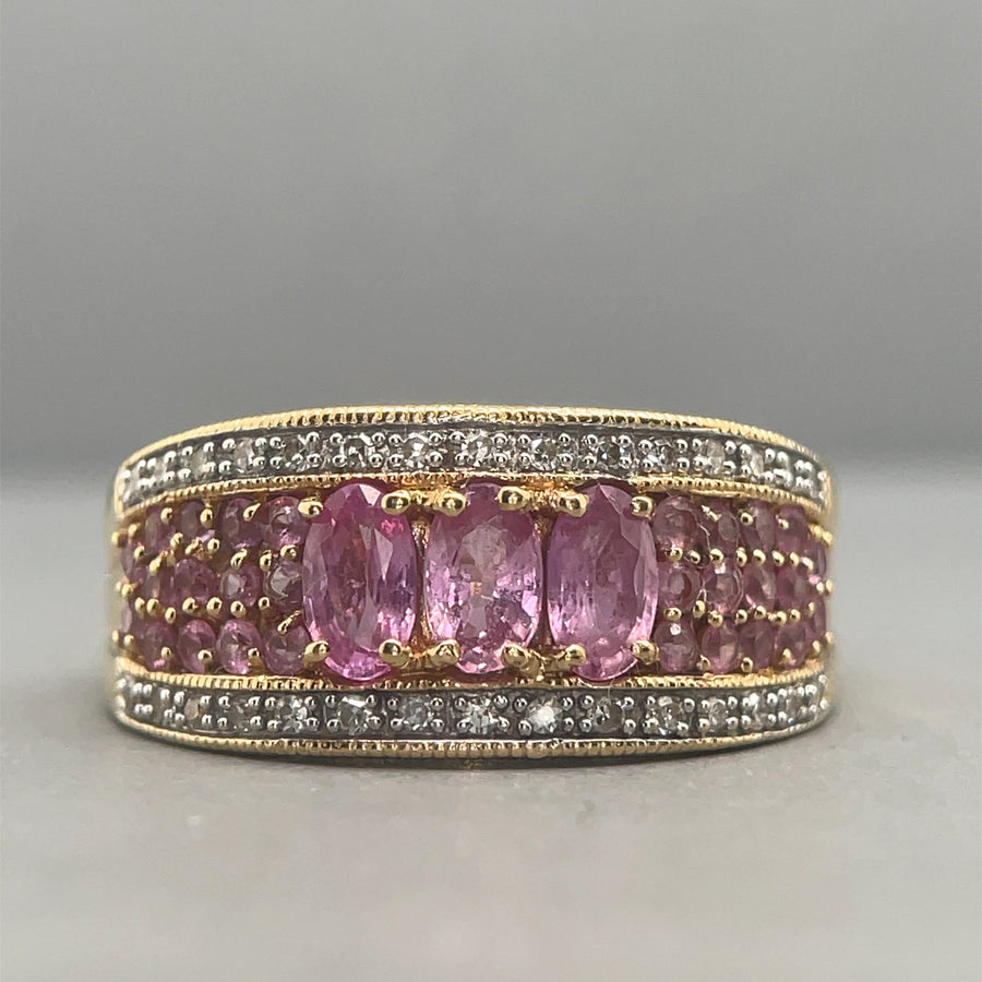 18ct Yellow Gold Pink Sapphire and Diamond Ring (c. 0.25ct) - Size N