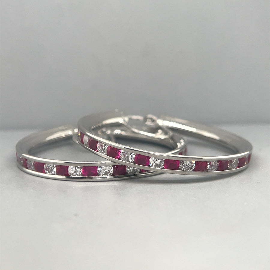 9ct White Gold Red and White Cubic Zirconia Hoop Earrings