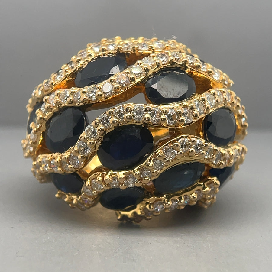 14ct Yellow Gold Diamond and Sapphire Dome Ring (c. 3.90ct) - Size K