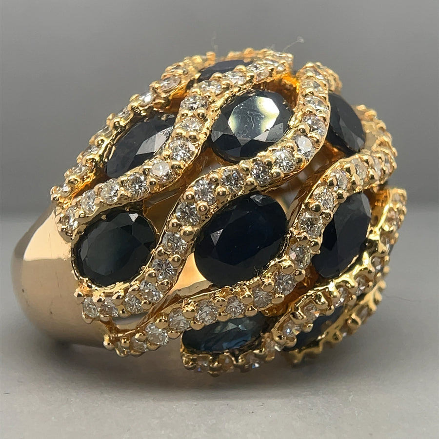 14ct Yellow Gold Diamond and Sapphire Dome Ring (c. 3.90ct) - Size K