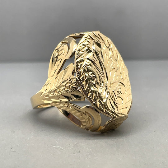 14ct Yellow Gold Patterned Signet Ring - Size R
