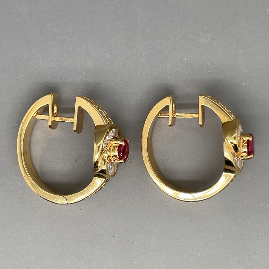 14ct Yellow Gold Ruby and Diamond Hoop Earrings (c. 1.30ct)