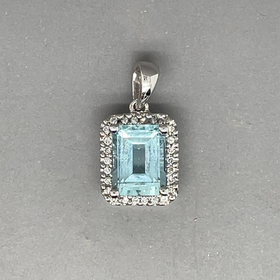 14ct White Gold Diamond and Aqua Square Pendant (c. 0.20ct)