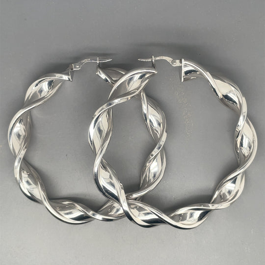 9ct White Gold Twist Hoop Earrings