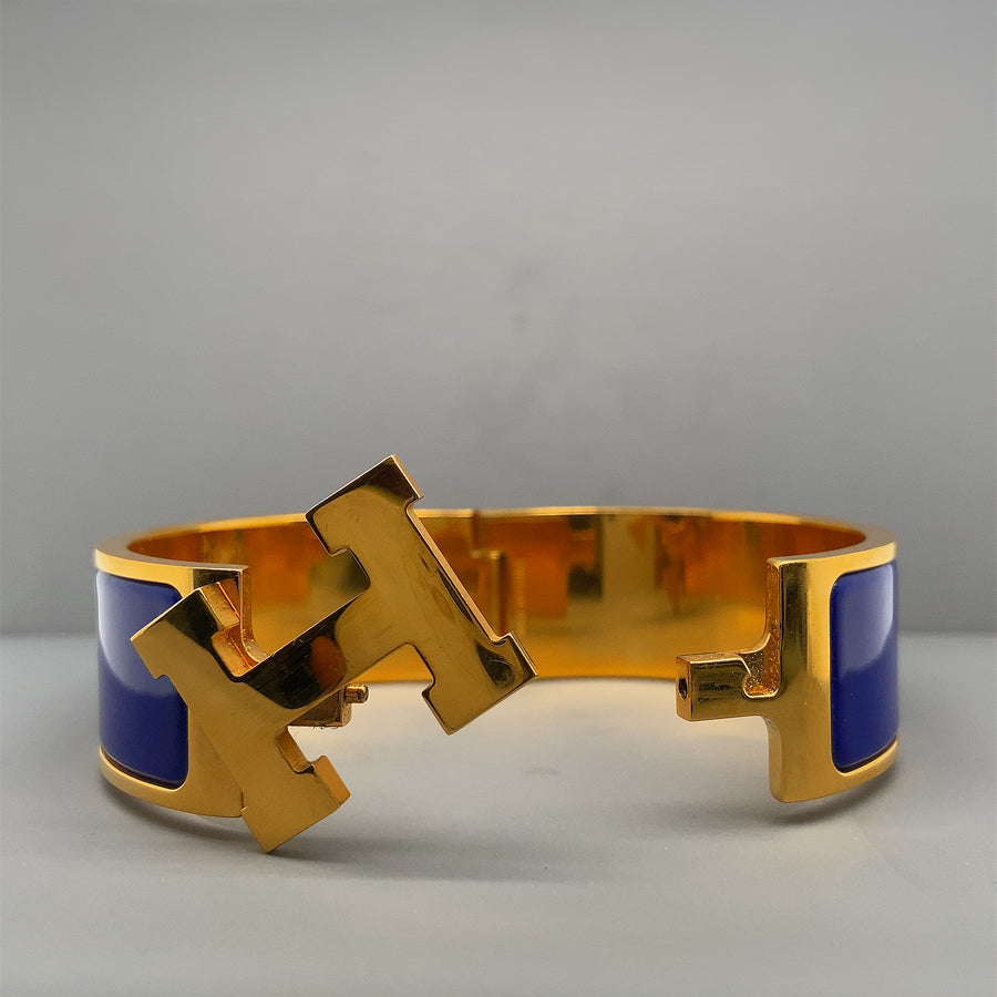 Pre-Owned Gold Plated Blue Enamel Clic Clac H Hermes Bracelet