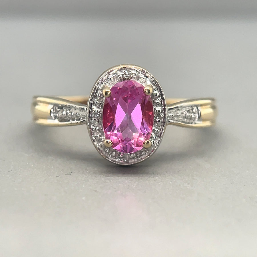 9ct Yellow Gold Pink Sapphire and Diamond Ring - Size N 1/2