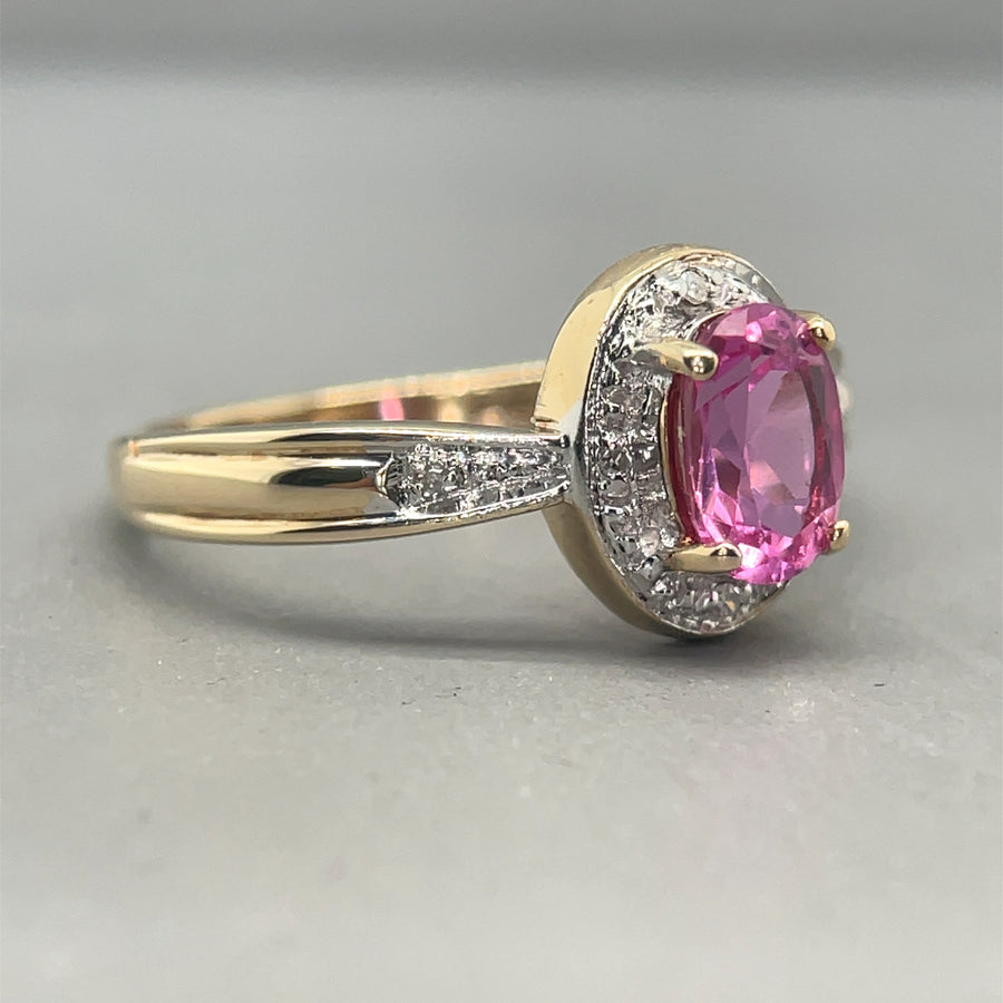 9ct Yellow Gold Pink Sapphire and Diamond Ring - Size N 1/2