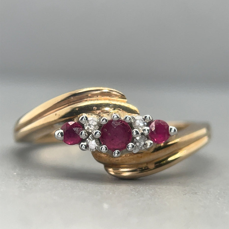 9ct Yellow Gold Ruby and Diamond Ring - Size N 1/2