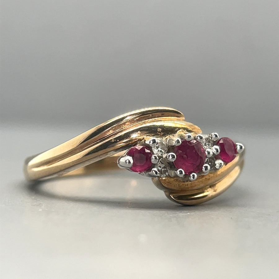 9ct Yellow Gold Ruby and Diamond Ring - Size N 1/2