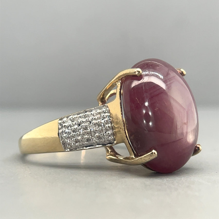 9ct Yellow Gold Purple Ruby and Diamond Ring (c. 0.20ct) - Size N