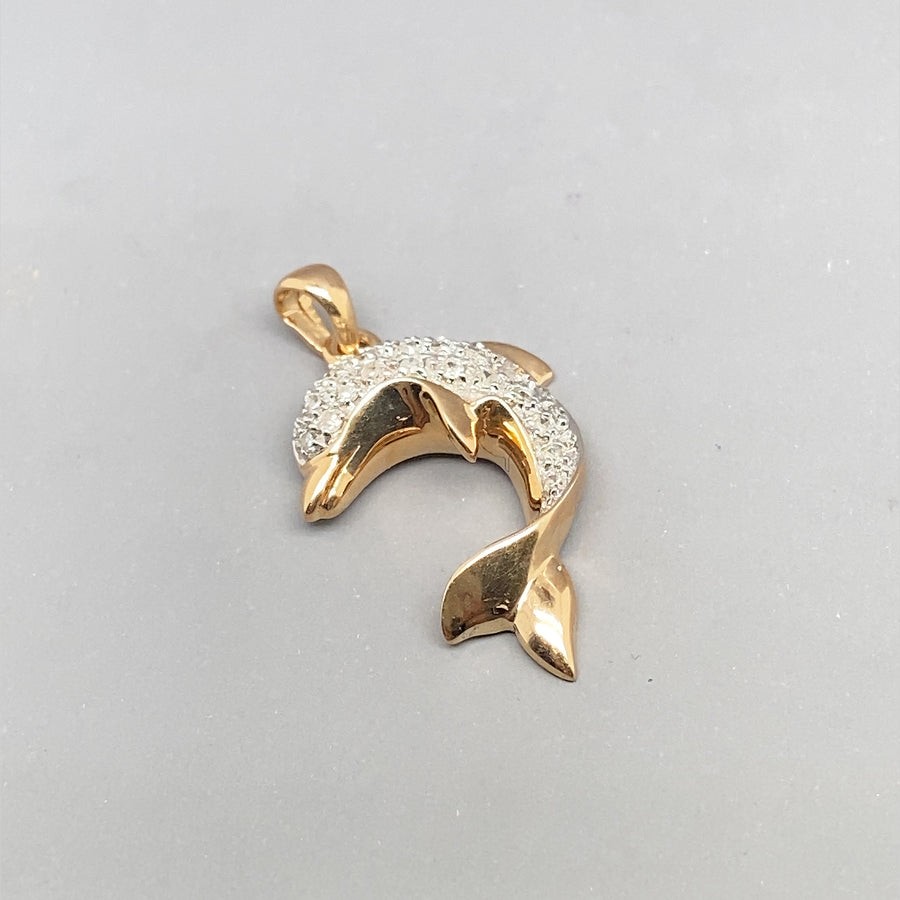 9ct Yellow Gold Diamond Set Dolphin Pendant (c. 0.25ct)