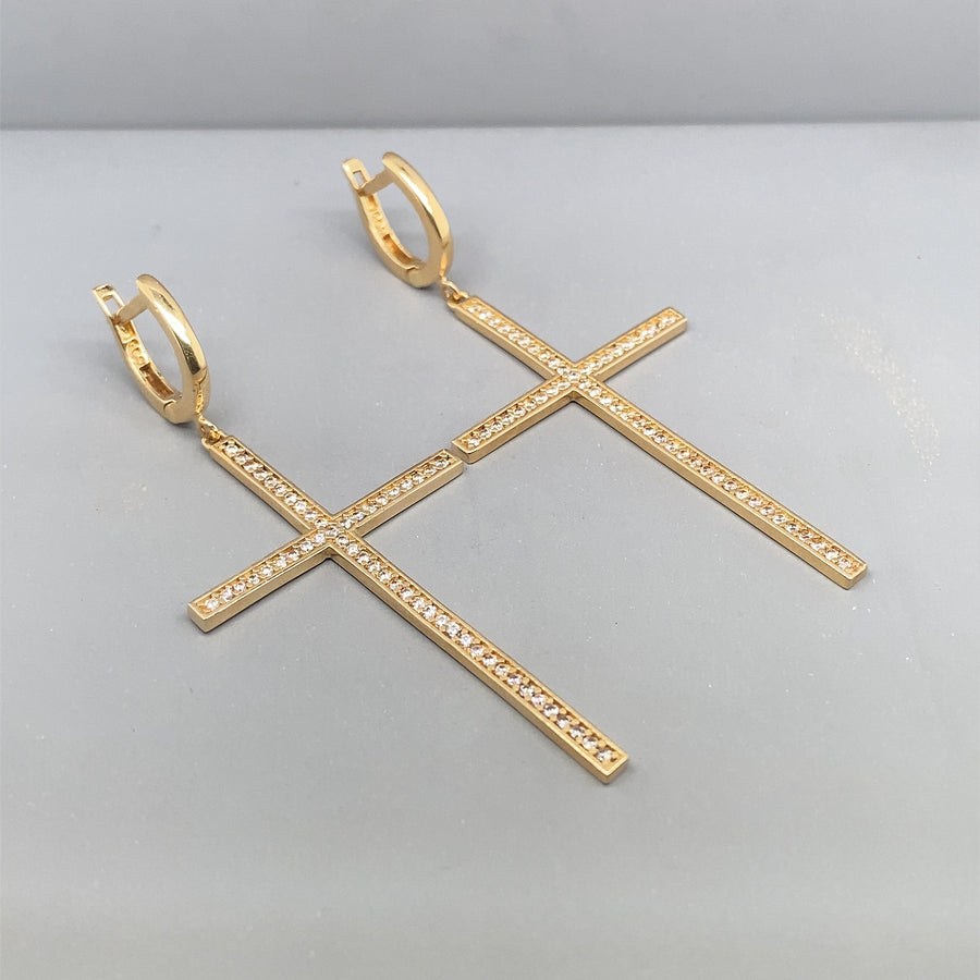 14ct Yellow Gold Cubic Zirconia Set Cross Drop Earrings