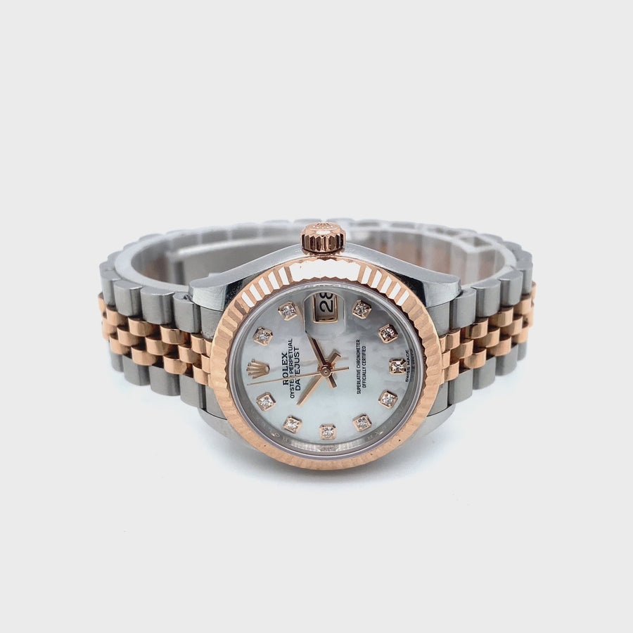 Pre-Owned Bi-Colour Stainless Steel and 18ct Rose Gold Mother of Pearl Diamond Dial Datejust Rolex (Ladies)