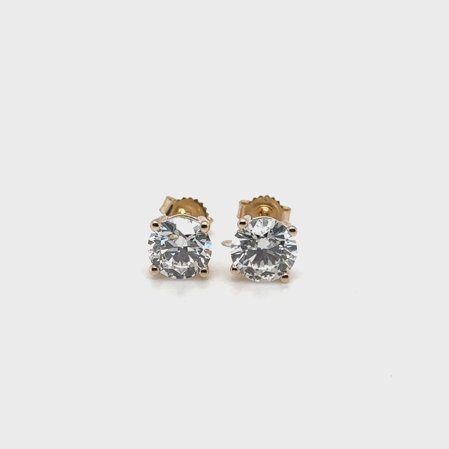 9ct Yellow Gold Single Stone Lab Grown Diamond Stud Earrings (c. 2.00ct) NEW!