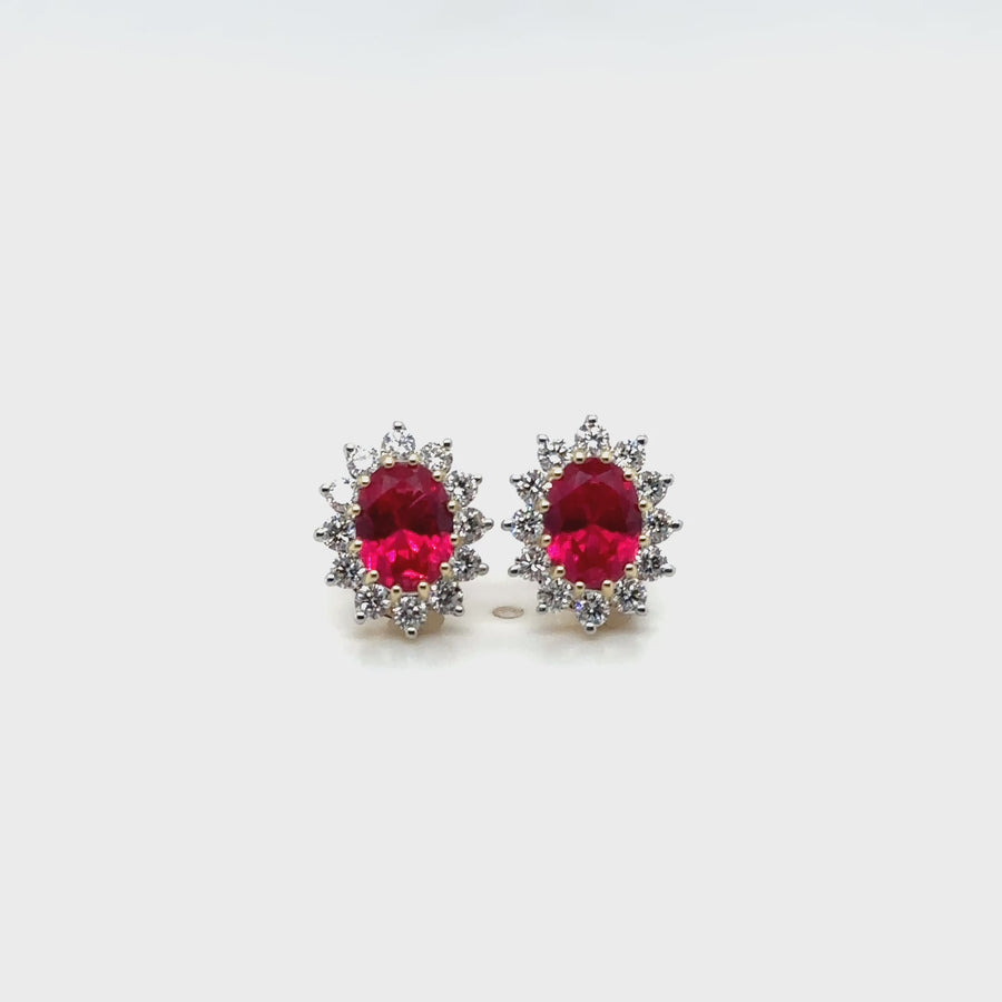 9ct Yellow Gold Lab Grown Diamond and Ruby Cluster Stud Earrings (c. 0.95ct) NEW!