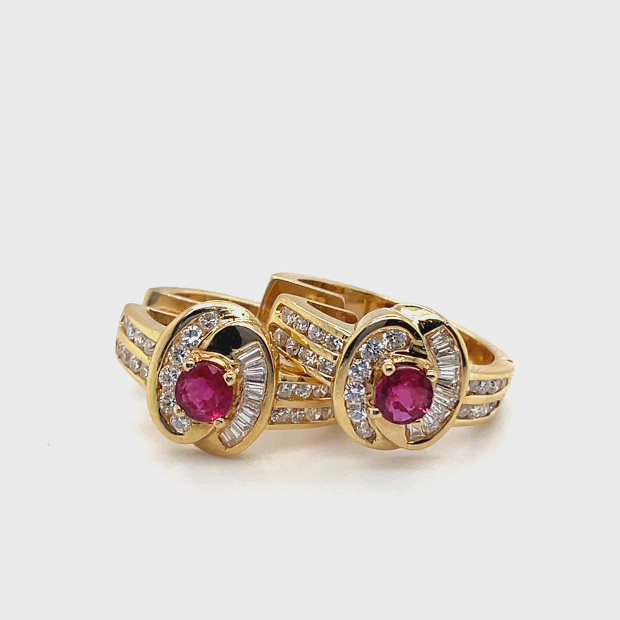 14ct Yellow Gold Ruby and Diamond Hoop Earrings (c. 1.30ct)