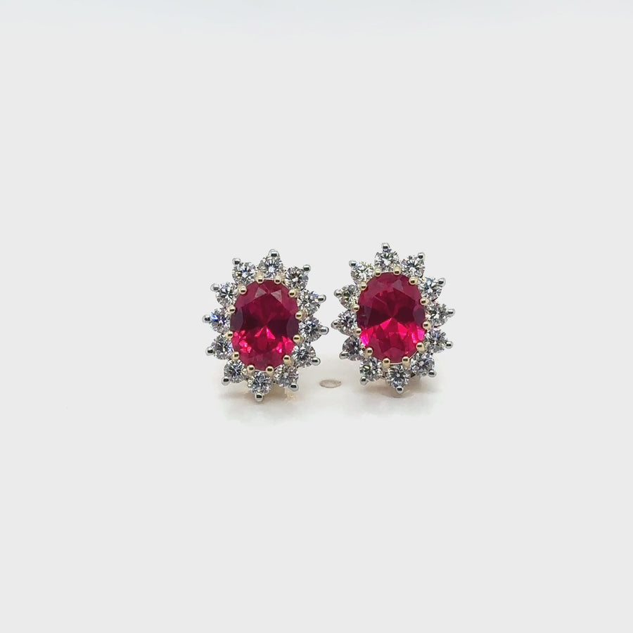 9ct Yellow Gold Lab Grown Diamond and Ruby Cluster Stud Earrings (c. 0.95ct) NEW!
