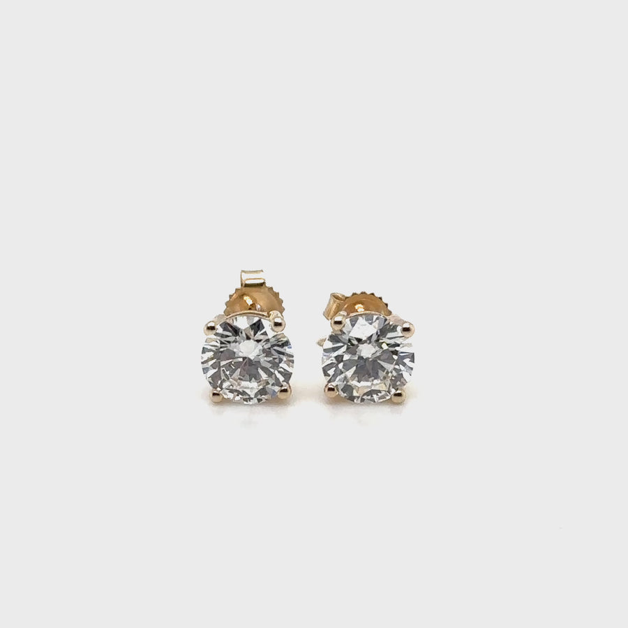 9ct Yellow Gold Single Stone Lab Grown Diamond Stud Earrings (c. 2.00ct) NEW!