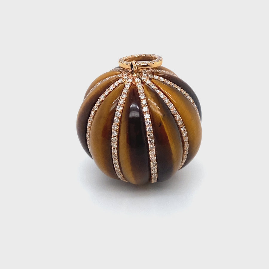 18ct Yellow Gold Tigers Eye and Diamond Ball Pendant (c. 1.55ct)