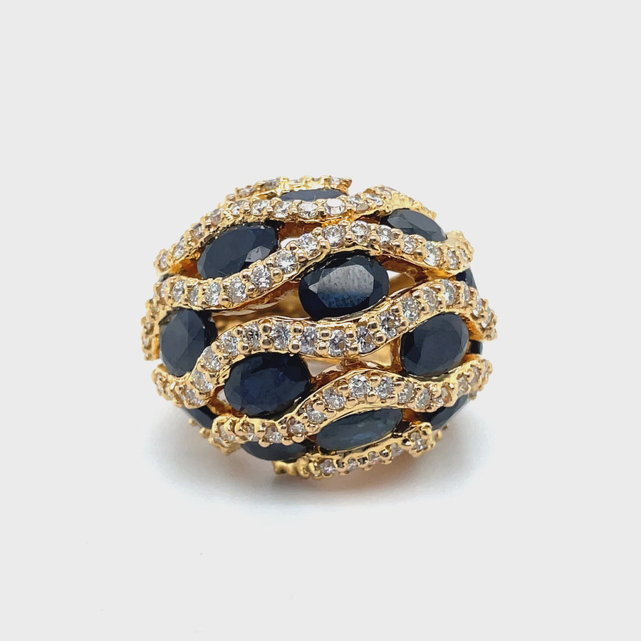 14ct Yellow Gold Diamond and Sapphire Dome Ring (c. 3.90ct) - Size K