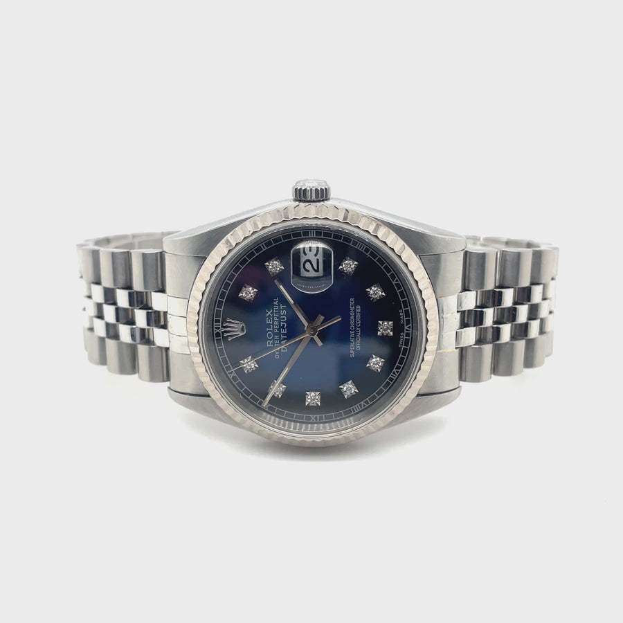 Pre-Owned Stainless Steel and 18ct White Gold Blue Dial with Diamond Dots Datejust Rolex (Gents)