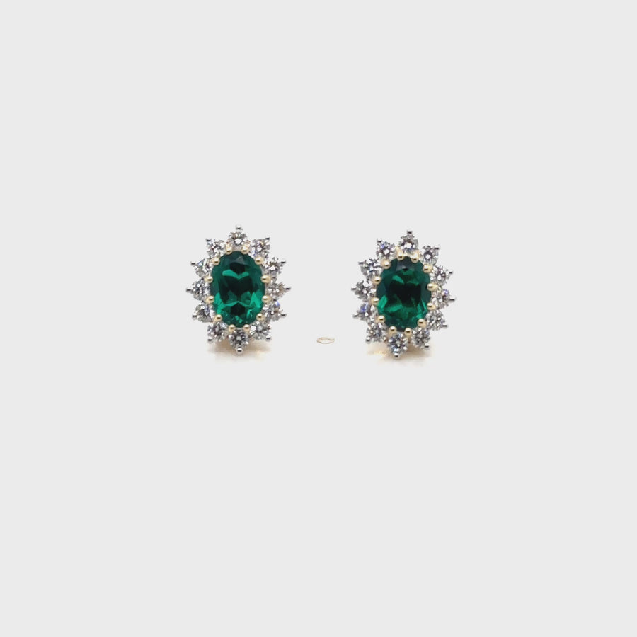 9ct Yellow Gold Lab Grown Diamond and Emerald Cluster Stud Earrings (c. 0.95ct) NEW!