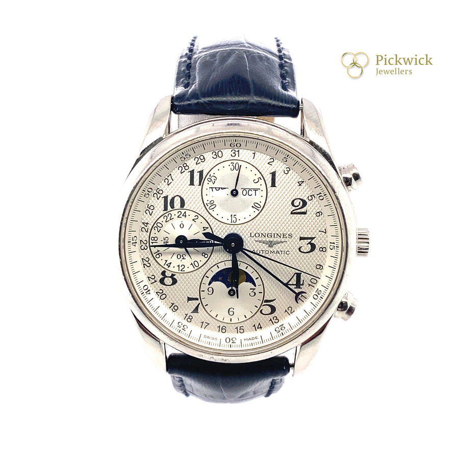 Pre-Owned Stainless Steel and Leather Moonphase Longines Watch (Gents)