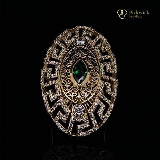 14ct Yellow Gold Cubic Zirconia Fancy Large Dress Cut Ring - Size O (NEW!)