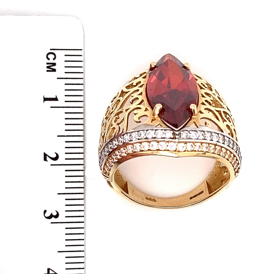 14ct Yellow Gold White and Red Cubic Zirconia Fancy Dress Cut Ring - Size O (NEW!)