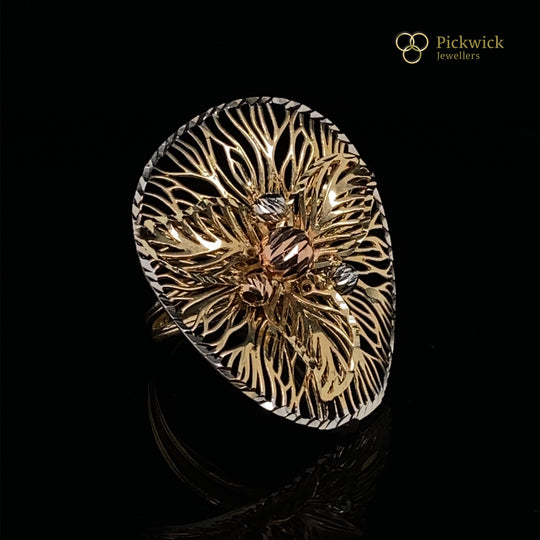 14ct Tri-Colour Fancy Flower Statement Ring - Size O (NEW!)