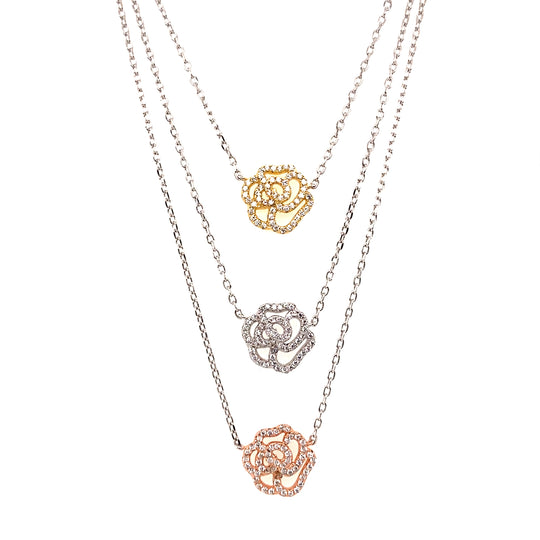 Sterling Silver Cubic Zirconia Tri-Colour Rose Necklet 16" (NEW!)