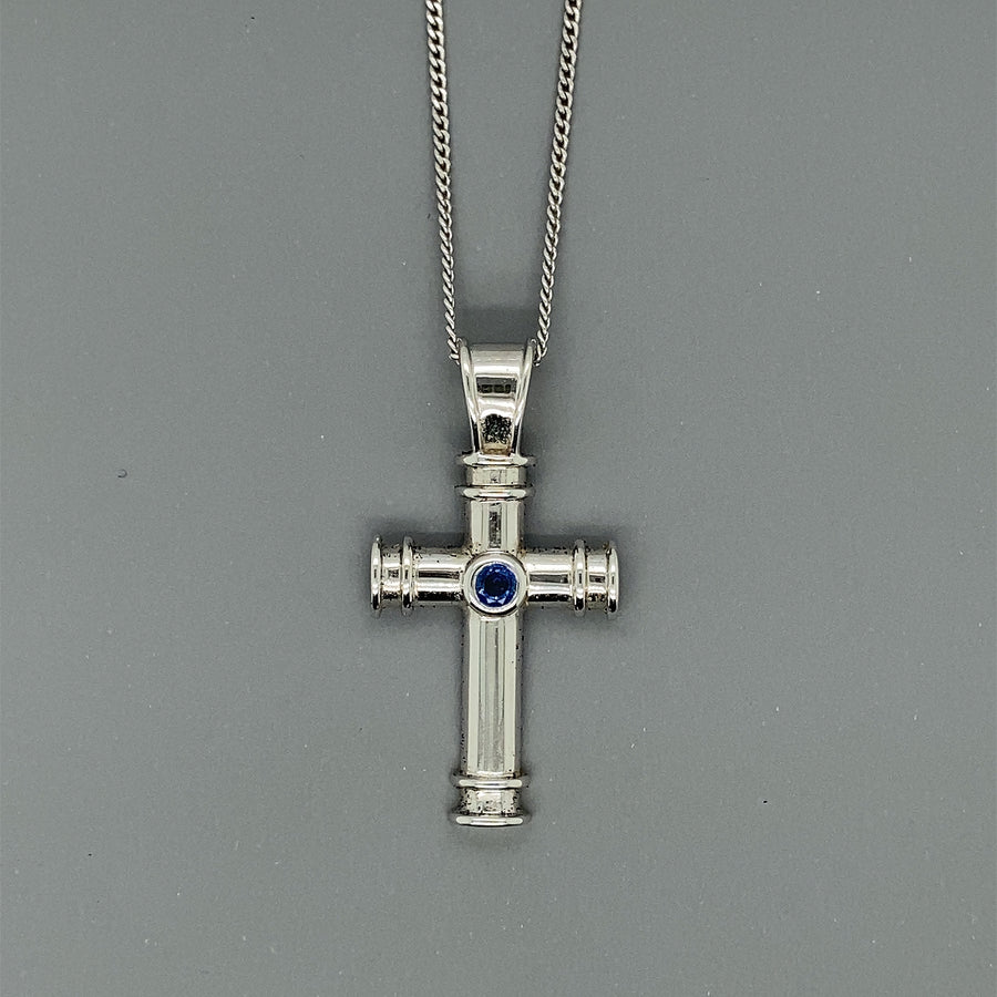 18ct White Gold Theo Fennell Sapphire Cross Pendant and Chain (16")