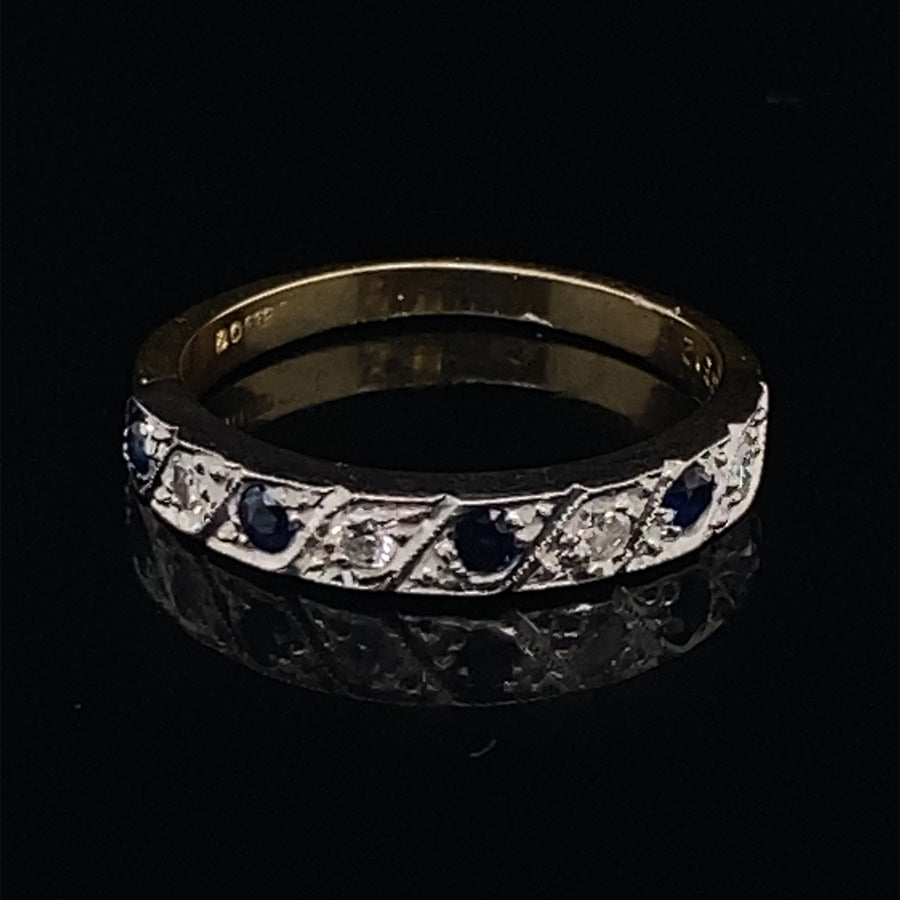 18ct Yellow Gold Diamond and Sapphire Half Eternity Ring - Size J 1/2