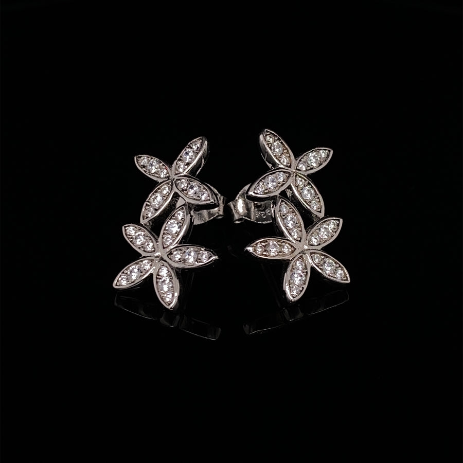 Sterling Silver Cubic Zirconia Double Flower Drop Stud Earrings (NEW!)