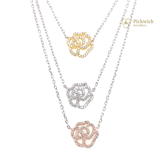 Sterling Silver Tri-Colour Triple Layer Cubic Zirconia Rose Necklace (16”) (NEW!)
